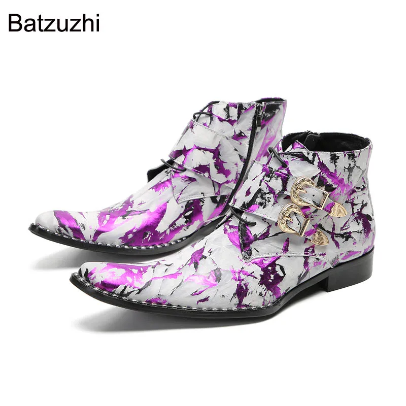 Batzuzhi Handmade Fashion Men's Boots Shoes Purple Ankle Leather Boots Men ZIp Lace-up Party, Wedding Botas, Big Sizes EU37-47!