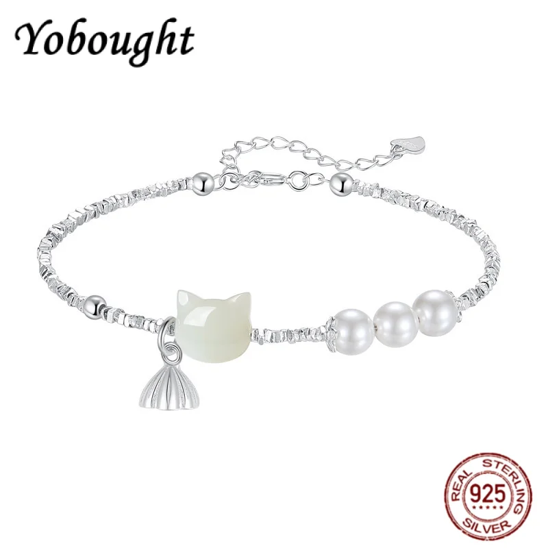 

Natural Hotan Jade Cat Bracelet Women's New 925 Sterling Silver Fashion Silver Lotus Bangle Bracelet