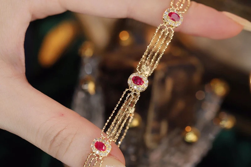 KUGG 100% 18K Yellow Gold Bracelet Natural Ruby Bracelet for Women Vintage Palace Design Luxury Diamond High Party Jewelry
