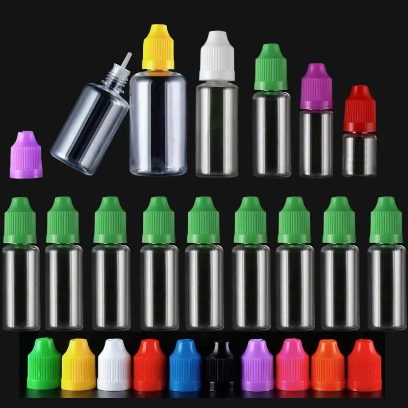 100Pcs Empty 3ml-120ml Mini Portable PET Plastic Dropper Bottles  Vape Oils Long Tip Cap Containers With Color Caps With Funnels