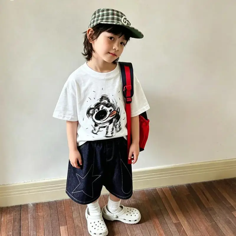 Summer Child TShirt Round Neck Base Shirt Loose Casual Tees Cartoon Printed T 1-7Years Old Boys Girls Pure Cotton Lovely Tops