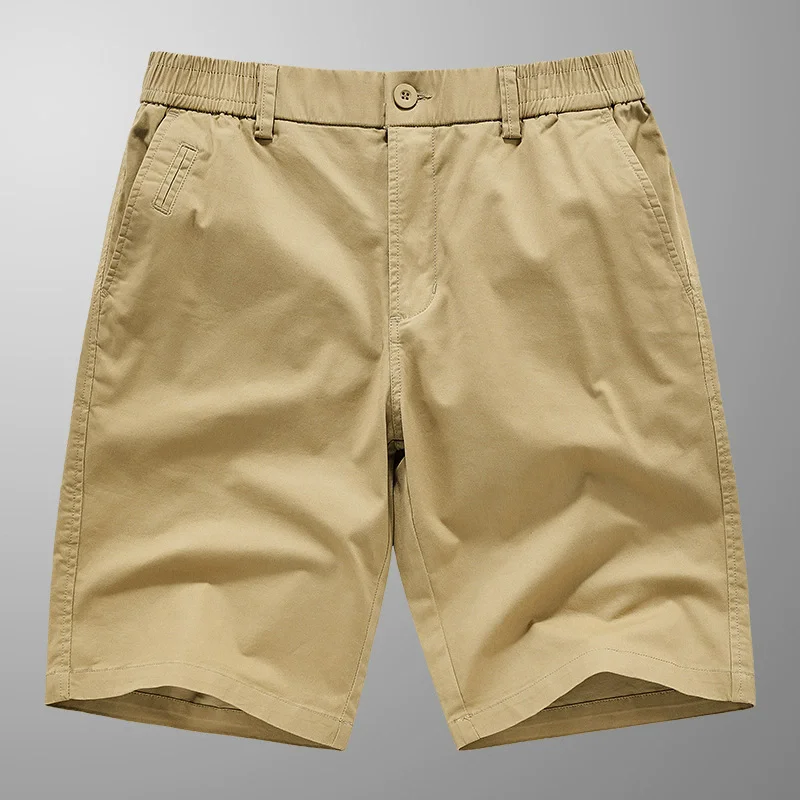 Men's 98% Cotton Thin Summer Casual Shorts Knee-Length Elastic Waist Multi-Pockets Khaki Green Classic Sportswear for Male