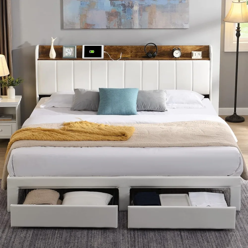 

Bed Frame with Headboard & Charging Station, Upholstered Platform Bed Frame with 2 Storage Drawers, Sturdy Wooden Slats Su