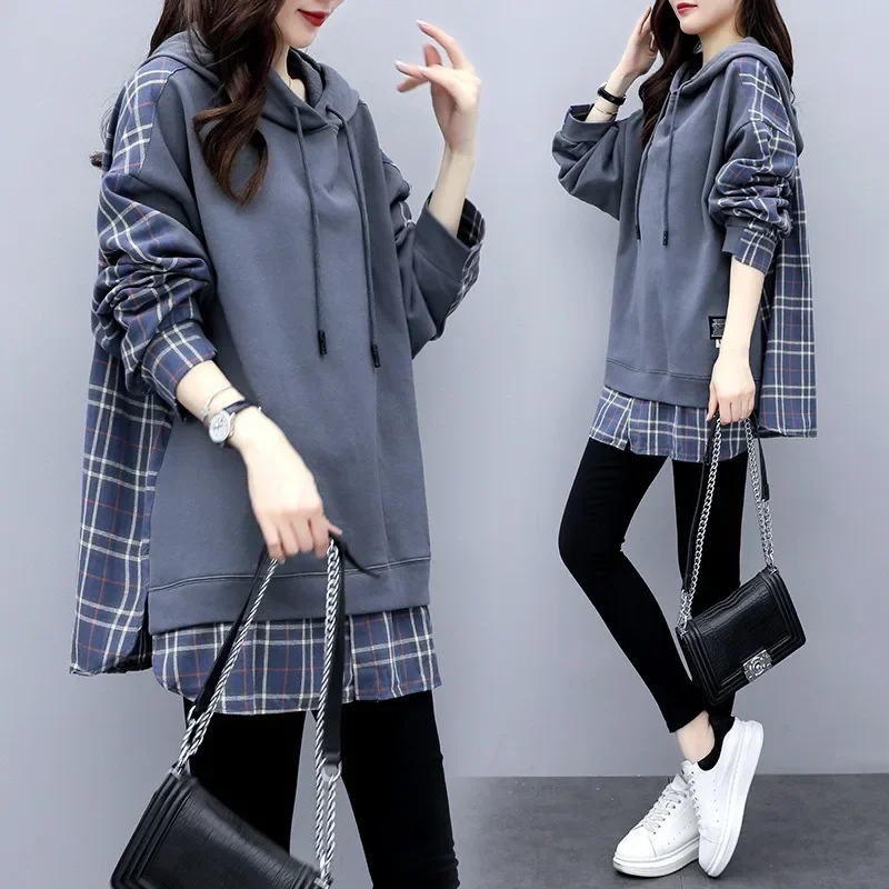 Women Mock Two Piece Plaid Hoodies Spring Autumn Loose Casual Hooded Jackets Patchwork Sweatshirts New All-Match Thin Outwears