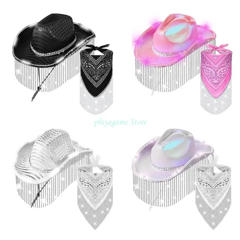 مجموعة Y88A Trend Cowgirl Hat ووشاح الرقبة قبعات رعاة البقر واسعة الحواف لحفلات الزفاف #3