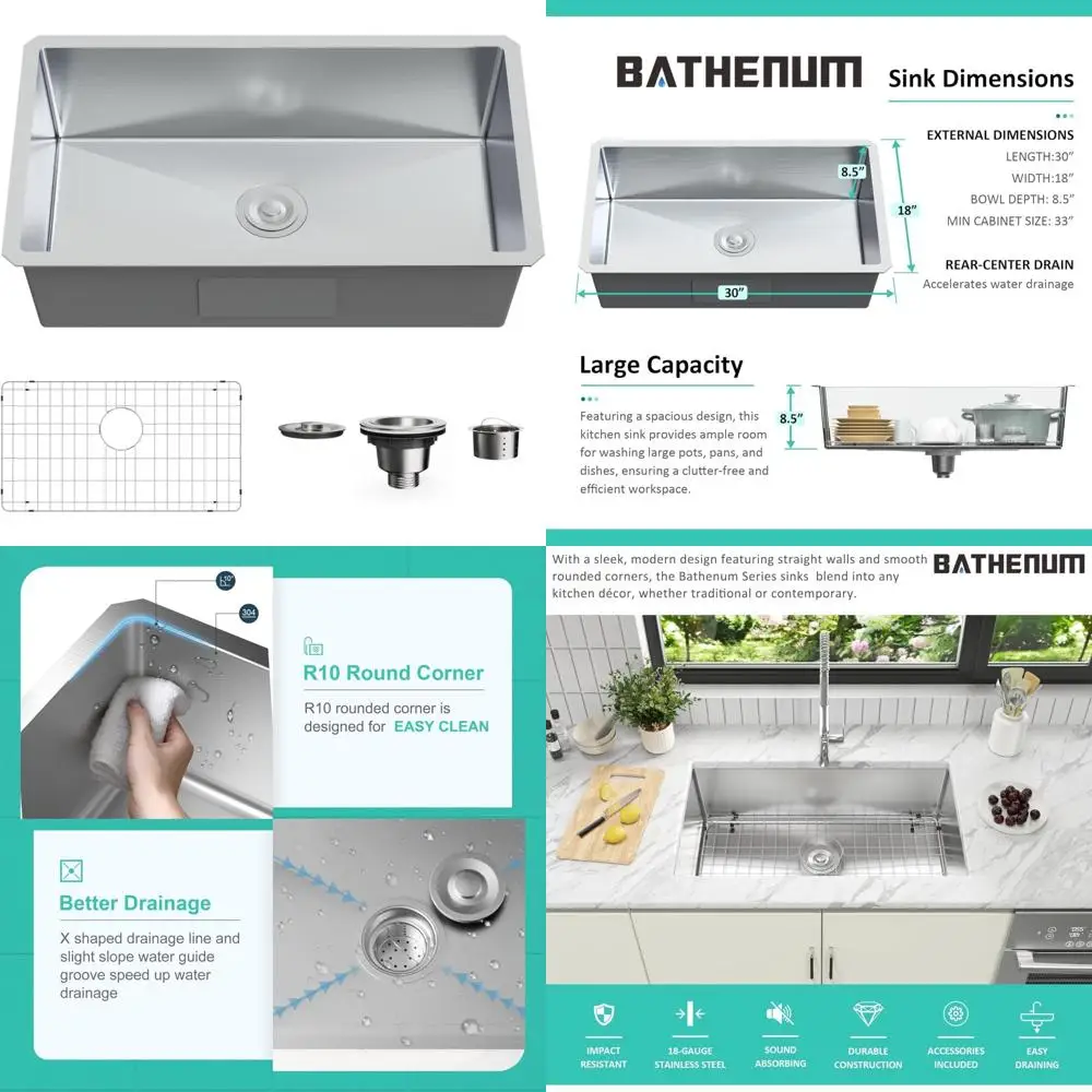 

Stainless Steel 30 Inch Undermount Single Bowl Kitchen Sink, 16 Gauge, Handcrafted 18 Deep Basin with Drain Kit and Brushed Acce