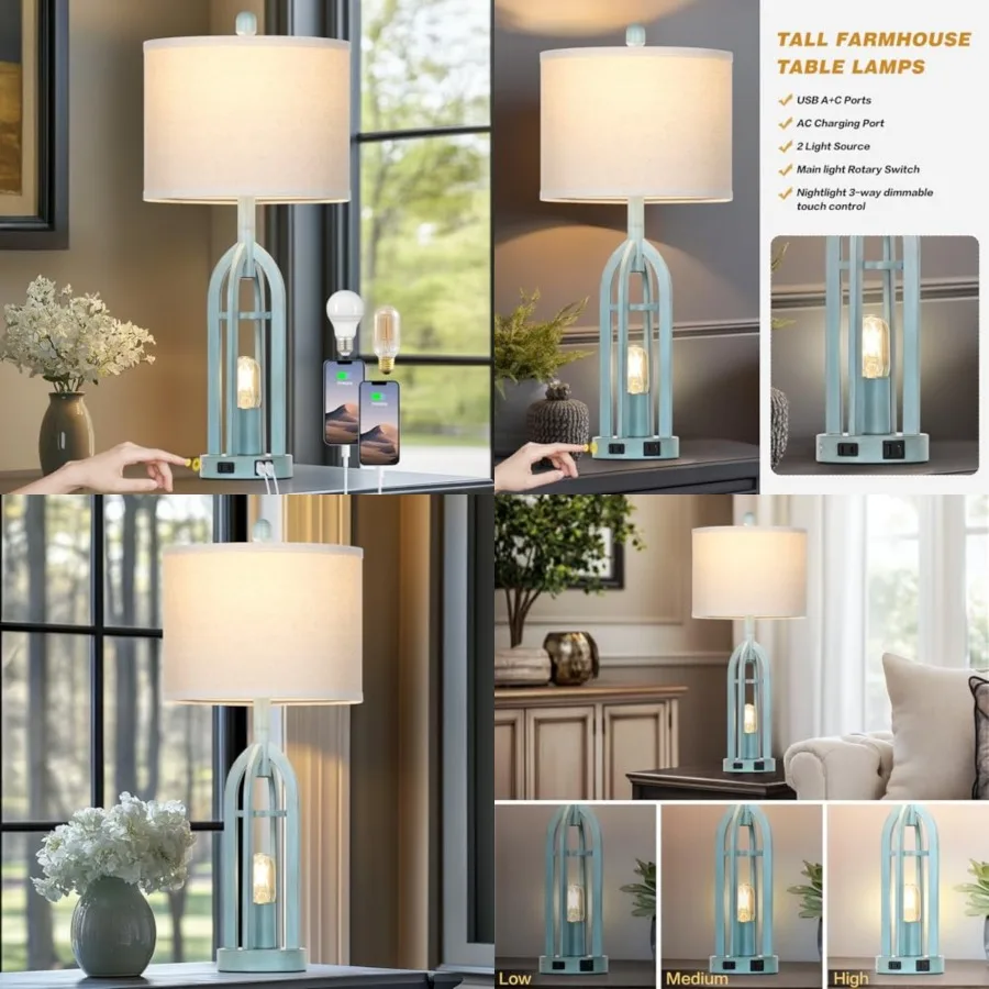 

27" Industrial Farmhouse Table Lamp, Vintage Rustic Beside Lamp with USB A+C Charging Ports and AC Outlet, Metal Nightstand Lam