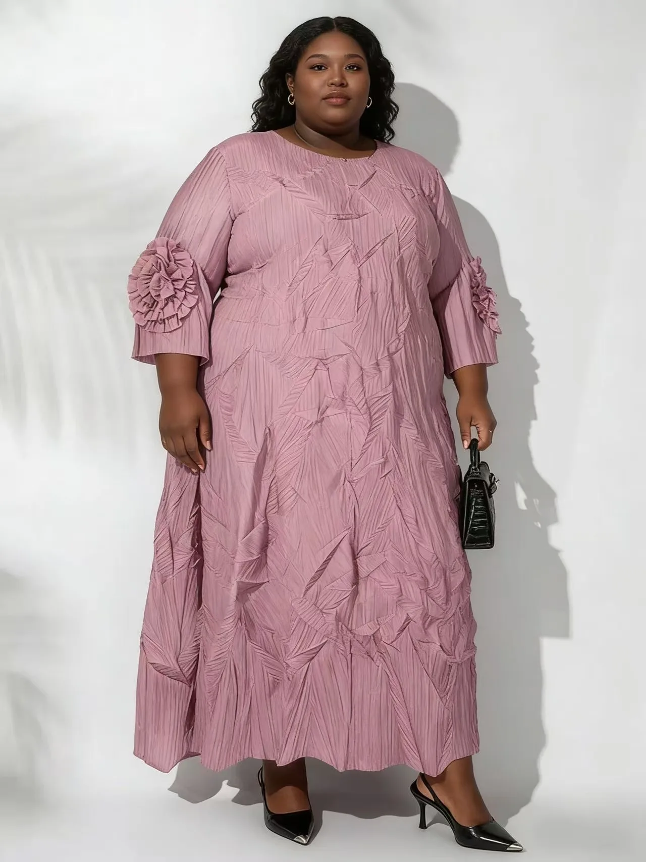 Miyake robe plissée femmes 2025 automne robe nouveau disque fleur corne manches couleur unie col rond pull longue robe