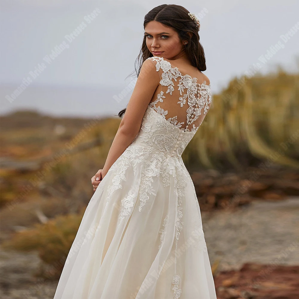 Elegant Lace Printing Women Wedding Dresses Vintage Sleeveless A-Line Bridal Gowns Smooth Tulle Surface Vestidos De Novias 2024