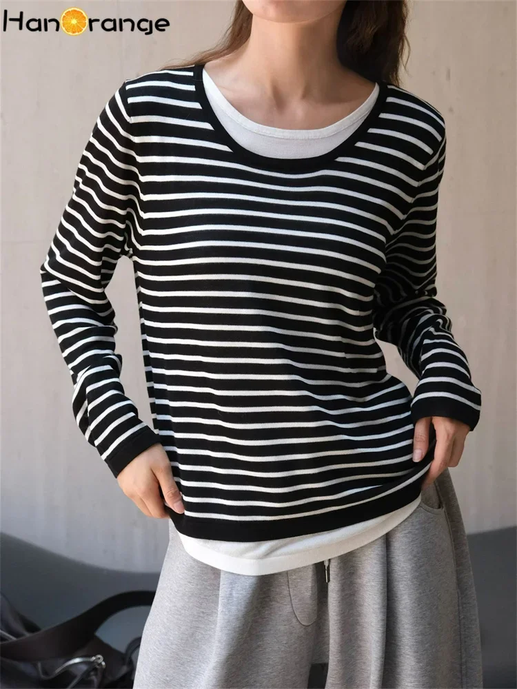 

HanOrange 2024 Autumn Lazy Splicing Strip Fake Two Piece Lyocell T-shirt Women Skin Friendly Comfortable Loose Casual Top Tees