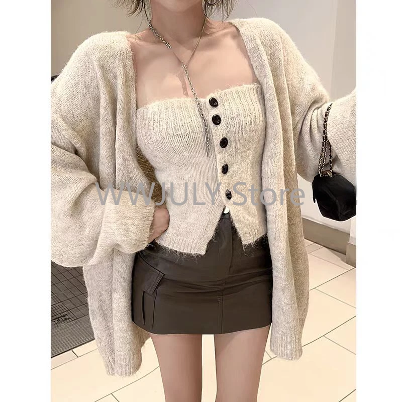 Woman Korean Fashion 2 Piece Set Chic Slim Basic Tube Top Loose Lknitted Sweater Jacket Lazy Outwear Elegant Cardigan Design