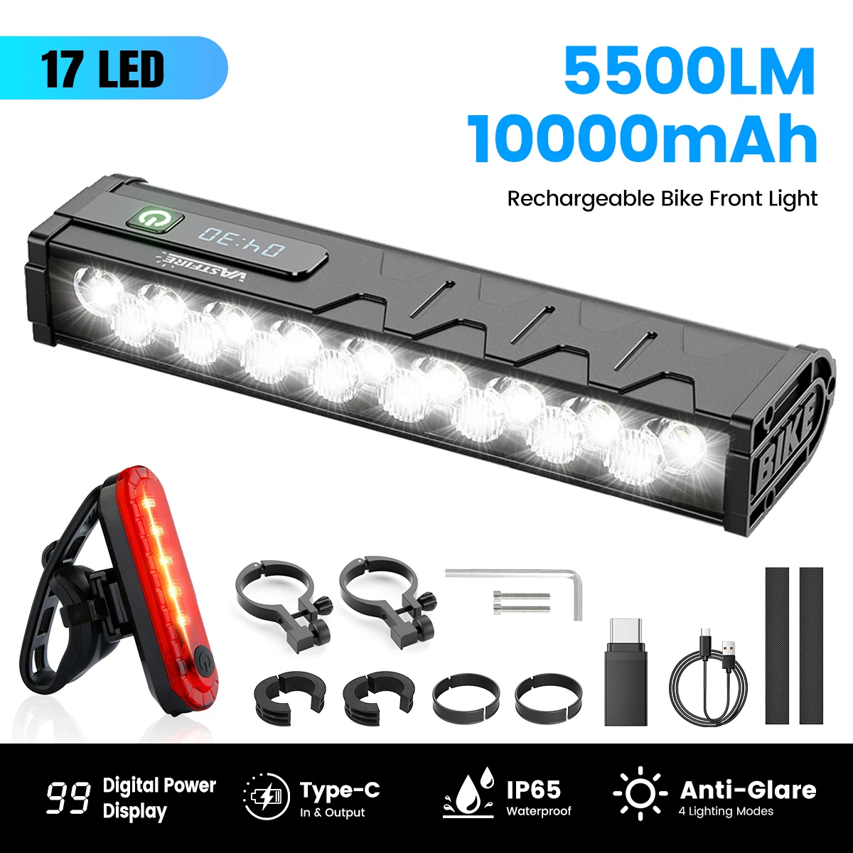 10000mAh Bike Light with Digital Display, 5500LM Super Bright Bicycle Headlight 17 LEDs 4 Modes Type-C IP65 Waterproof for Night Riding, with Tail Light