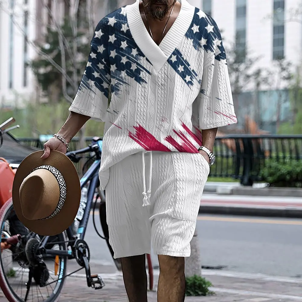 Conjunto de ropa con estampado 3d de cuello en V para hombre, ropa de diseñador, Top de punto de algodón, conjunto diario, uniforme deportivo de ocio