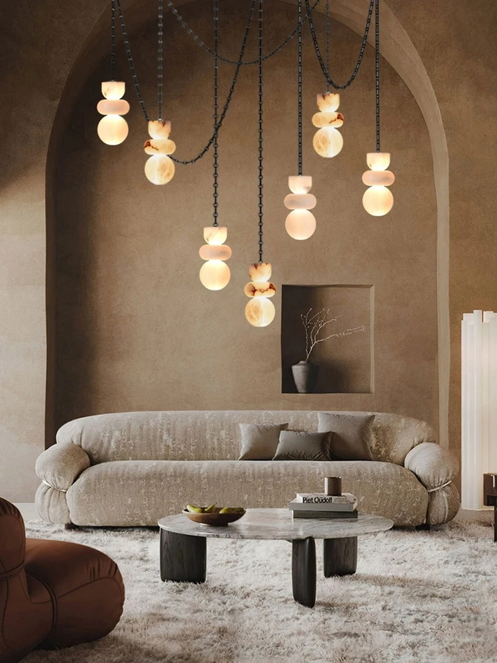Alabaster Marble Chain Hanging Pendant Lights Collection for Dining Room Spanish Natural Marble LED Chandelier for Living Room