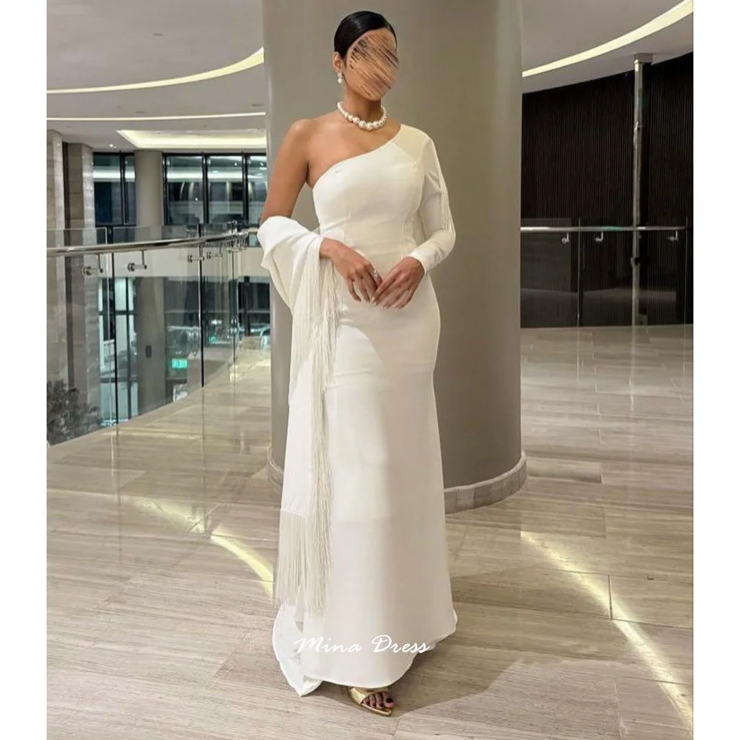 Mina Customized White Arabic Evening Dress Luxury Elegant Party Dresses Woman One Shoulder Long Sleeve Slant Collar Shawl Prom