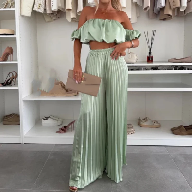

Women Fashion Pleat Solid Summer Suit Elegant Strapless Crop Top & Wide Leg Pant Set Casual Short Sleeve Loose Party 2Pc Outfits