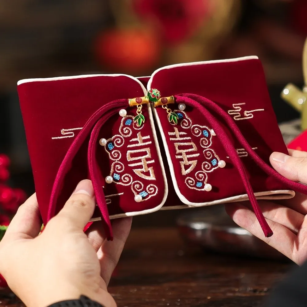 Sobre rojo con diseño bordado, tela de terciopelo hecha a mano, sobre de boda, mejores deseos con borla, celebración de boda de HongBao