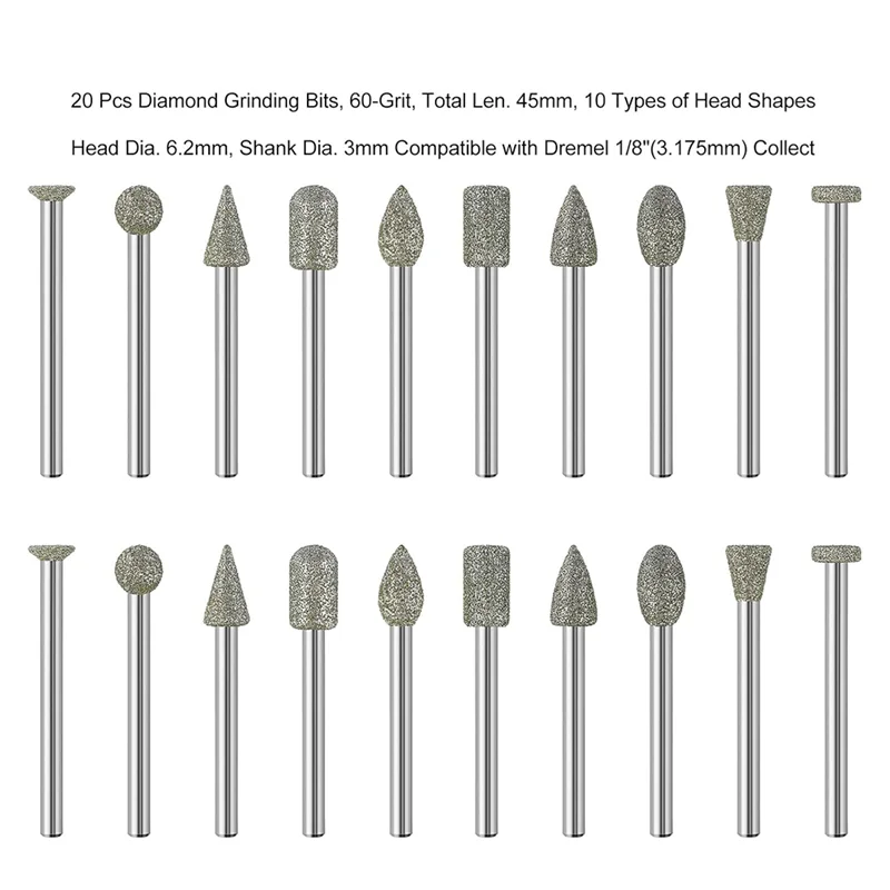 ABKO-20Pcs 60-Grit Diamond Grinder Bit Shank Compatible For Stone Glass Resin Porcelain  Quartz Glaze Steel Carve