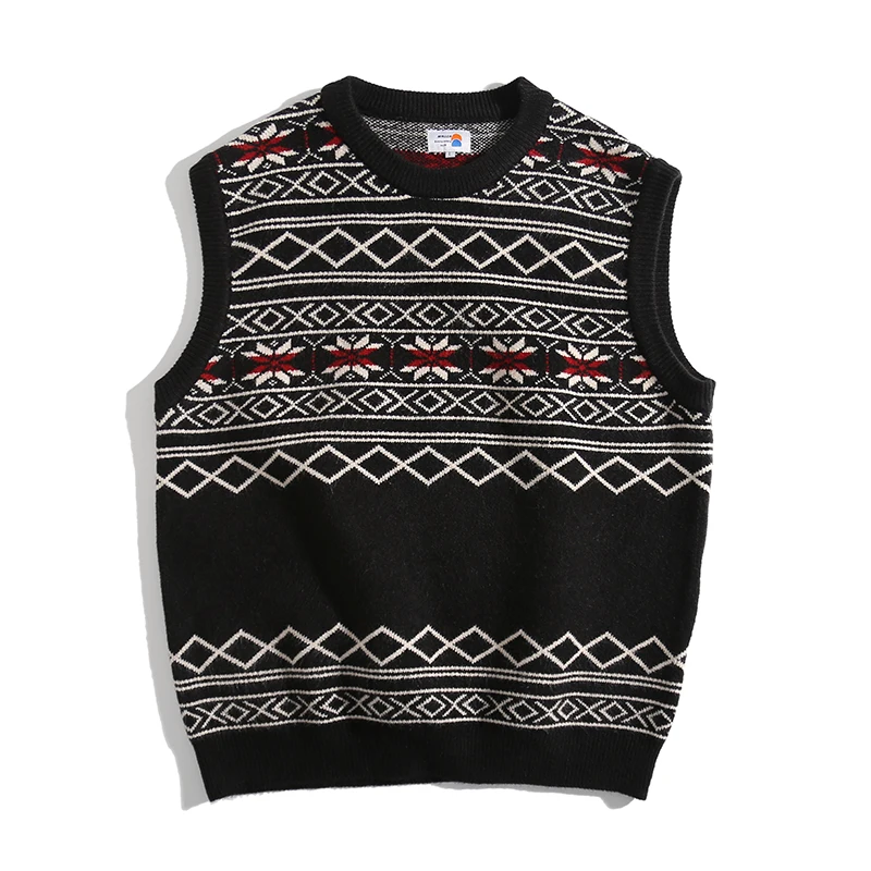 Crew-neck ethnic style jacquard waistcoat vest, Japanese vintage sweater knitted vest