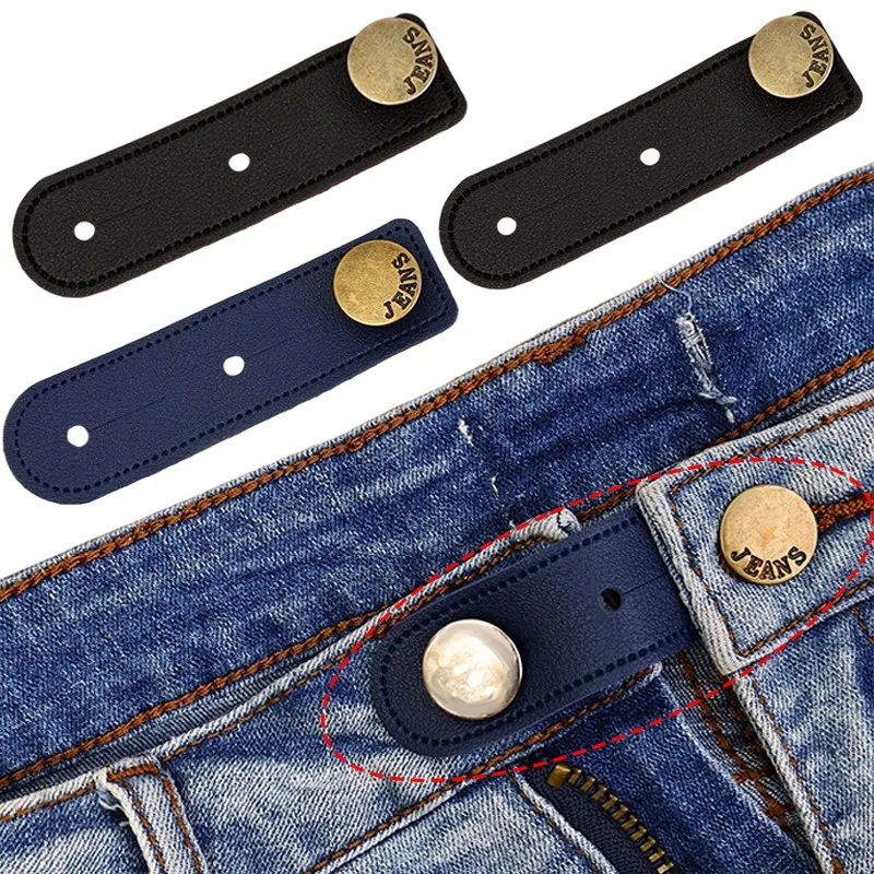Faux Leather Waist Extender for Jeans No Sew Adjustable Button Buckle No Sew Pants Expander Denim Waistband Stretcher Black Blue