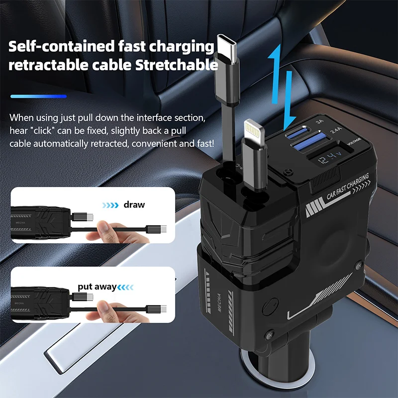 4 in 1 Retractable Fast Charging Car Charging Cable 4 Ports Car Charger Adapter Compatible for IPhone 15/14/13/12/11 Samsung