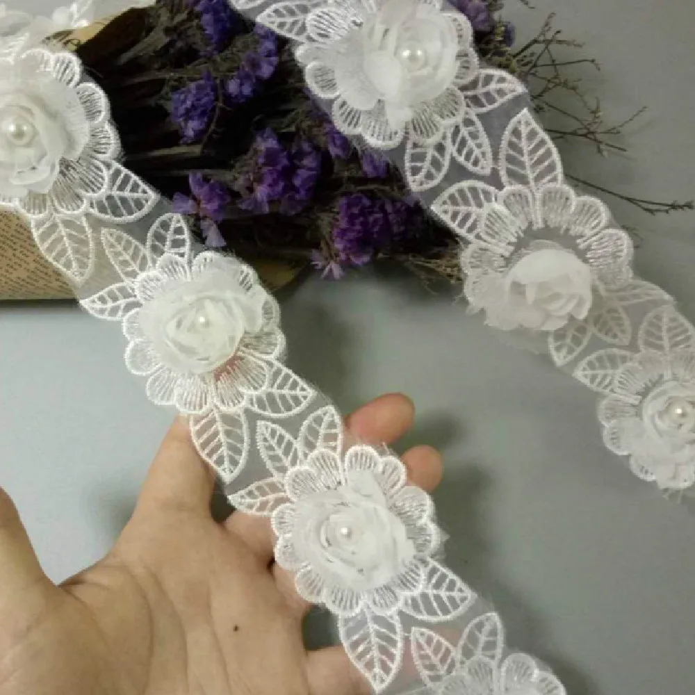 

1 Yard 5cm Soluble White Diamond Pearl Flower Lace Trim Embroidered Applique Wedding Fabric Ribbon Sewing Craft For Costume Hat