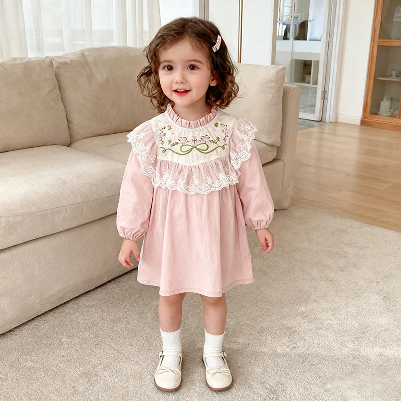 2026 ربيع جديد 2-6 سنوات الأطفال ملابس قطنية الاطفال فساتين الأميرة بأكمام طويلة لصق التطريز طفلة فستان حفلة حلوة #2