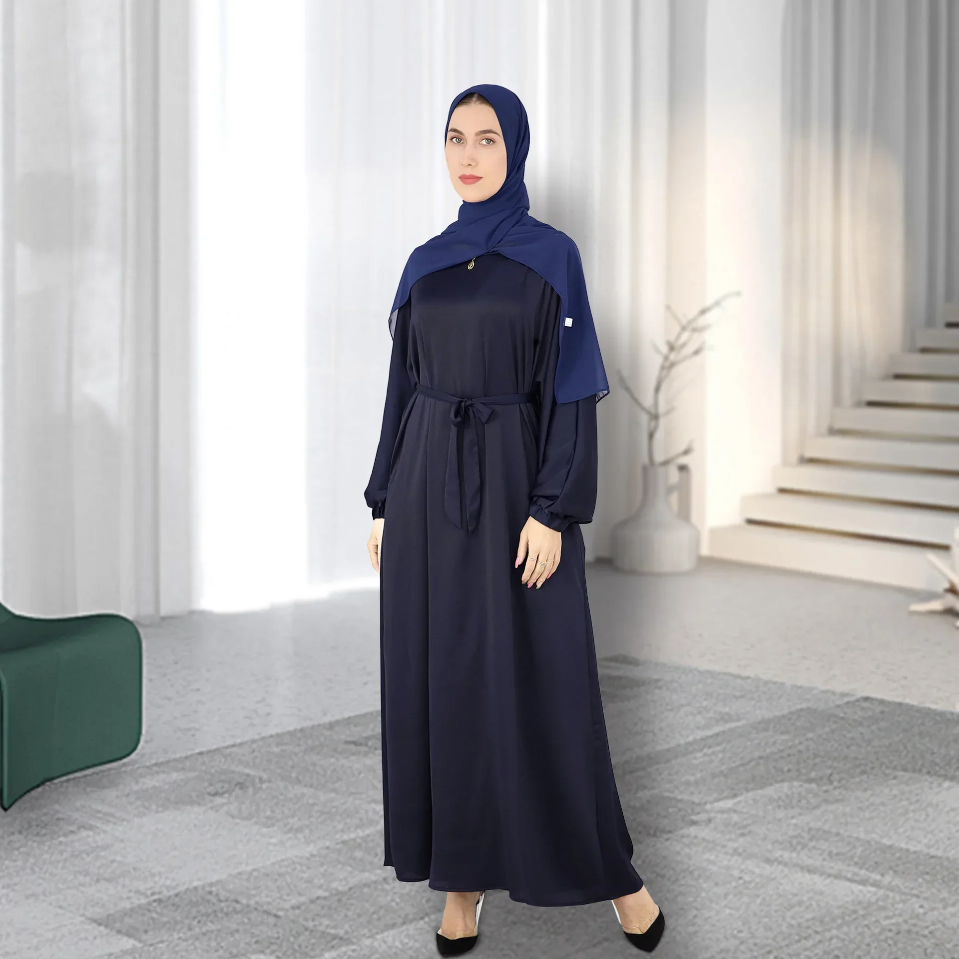 Solid Abaya for Women with Belt Islamic Clothing Satin Muslim Long Dress Casual Abayas Inner Dresses Dubai Modest Hijab Robe Eid