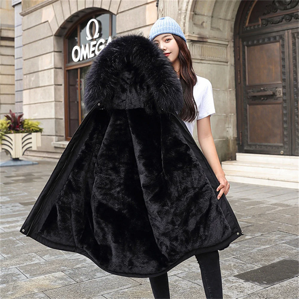 2021 New Winter Oversize Coat Fashion Hooded Parka Women Casual Cotton Jackets Mid-length with Fur Collar Warm Outwear Female