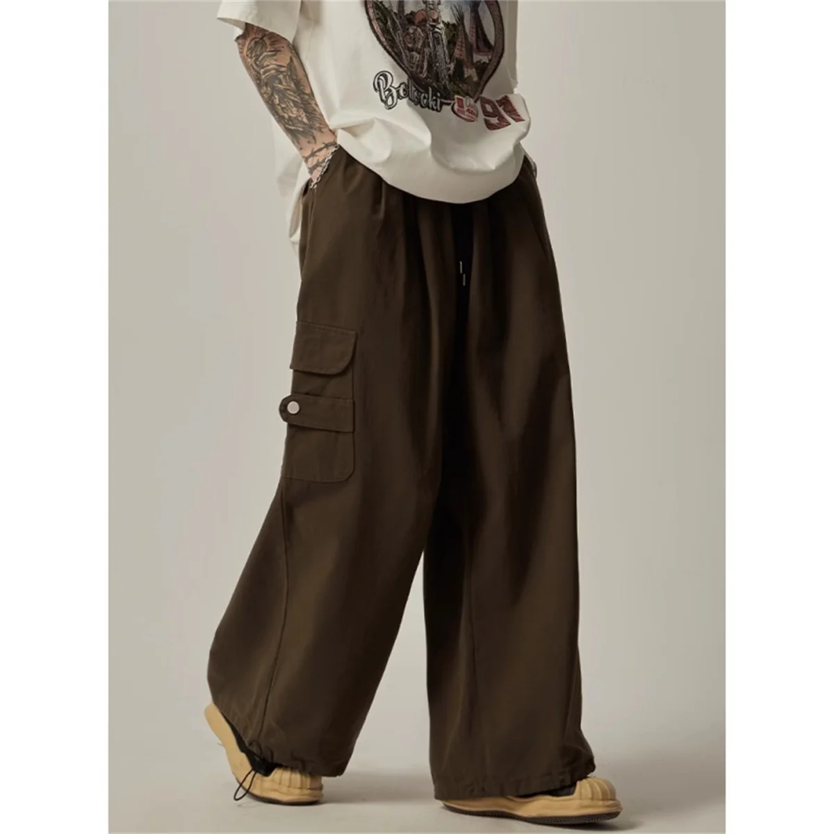 Frühling Sommer Herren Dünne Einfarbige Hose mit Großen Taschen im Vintage-Stil, Lockere und Vielseitige Gerade Freizeithose im Lazy-Wind-Stil