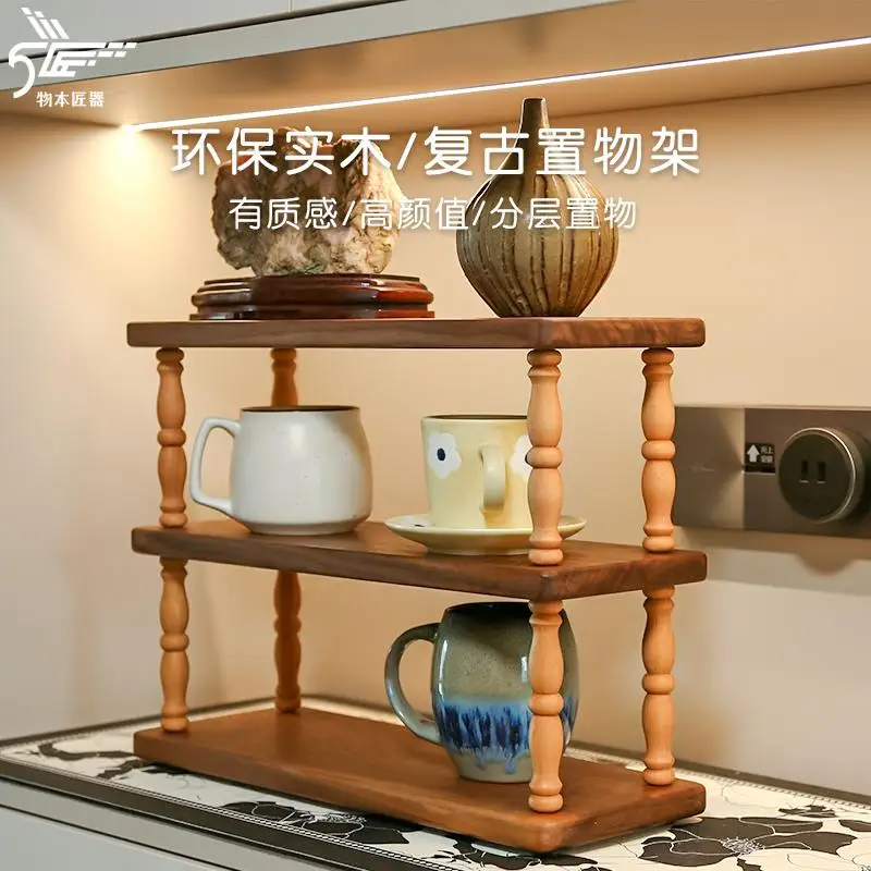 

Vintage Wooden Cup Rack Desktop Organizer Shelf Mid-Century Display Stand for Teacups Perfumes or Small Accessories