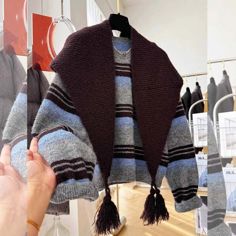 

Модный корейский стиль: высококачественный полосатый вязаный шарф и накидка на плечи, женский комплект из двух предметов, утепленный зимний свитер.