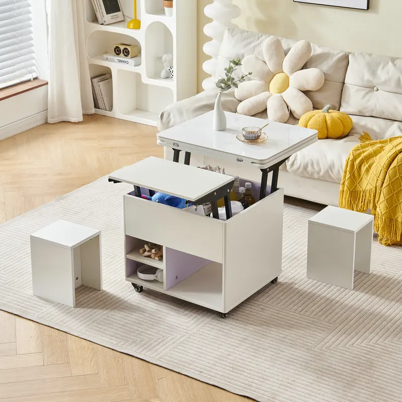 Meja makan penyimpanan teleskopik lipat tujuan ganda meja kopi kecil sederhana yang kreatif