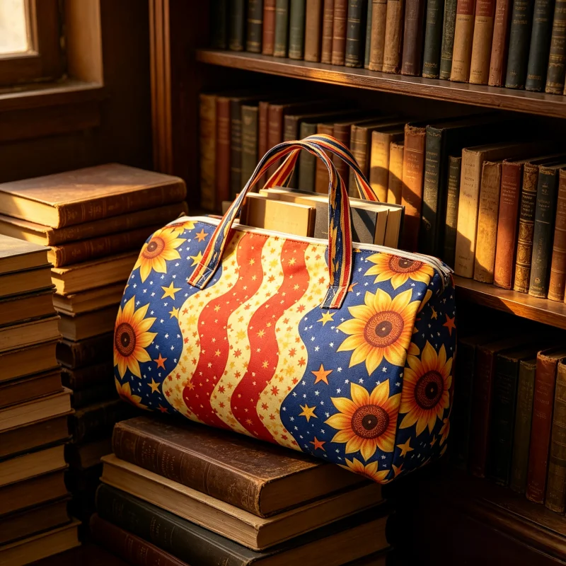 Patriotic Sunflower Travel Duffel Bag Set, 2Pcs American Flag Tote with Makeup Bag, Large Capacity Weekender Bag for Women