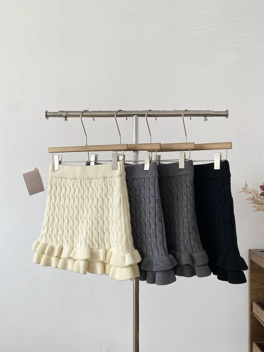 Women's Autumn Winter Cute Twisted Pattern Slim Ruffled Knitted Skirt Lady Elastic Waist Solid Color Short Skirt