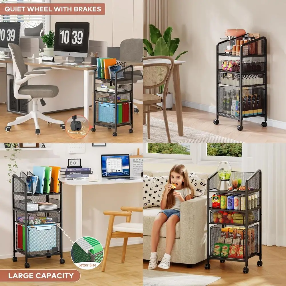 

4-Tier Adjustable Letter-Size File Cabinet on Lockable Wheels for Home Office