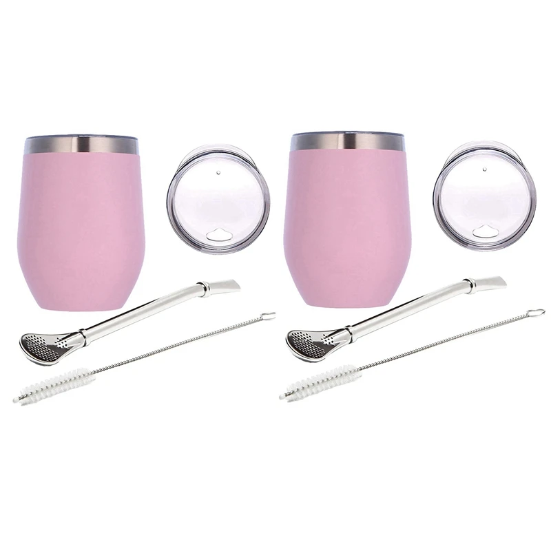 2X Double-Wall Stainless Yerba Gourd Mate Tea Set Water Mate Tea Cup With Lid Spoon Straw Bombilla Head Filter Brush