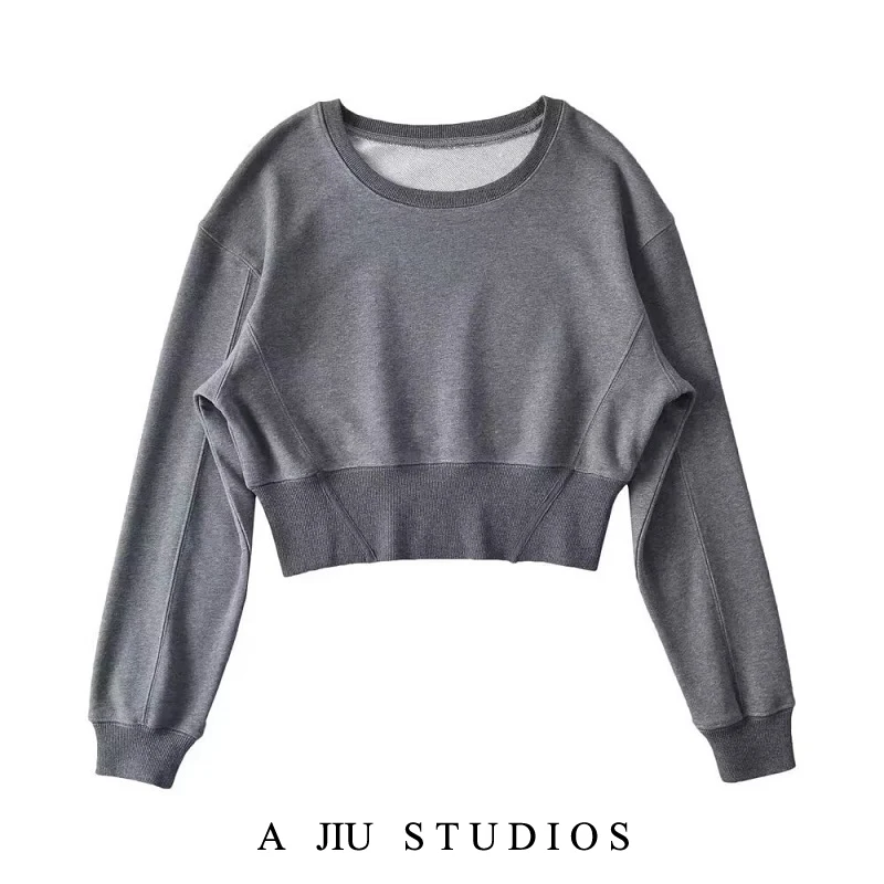 

Американский ретро-свитшот с высокой талией и круглым вырезом для женщин, весна-осень, универсальный, свободный, утягивающий талию топ