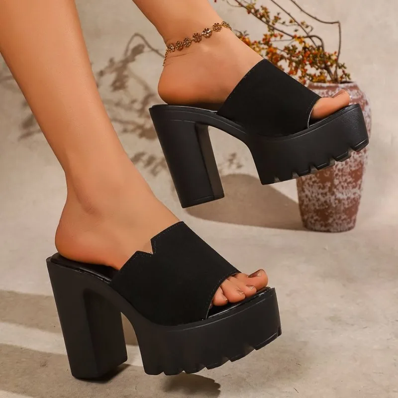 

summer 2026 Women's High Heel Slippers Outdoor Wear Platform Thick Bottom One-Step Slip-On Toe-Shown Shoes