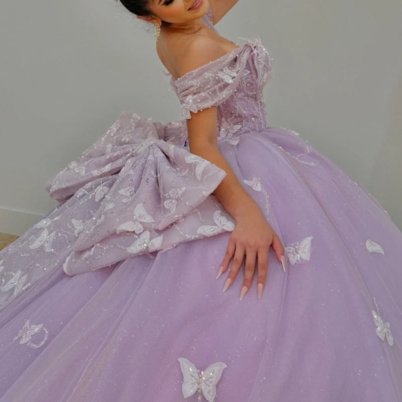 

Lilac Ball Gown Quinceanera Dresses Off The Shoulder 3D Bow Beads Tulle Princess Sweet 16 Dress Vestido 15 De XV Años Brithday P