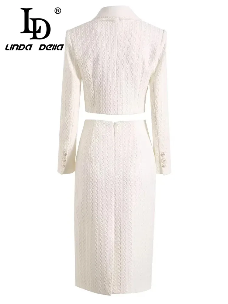 LD LINDA DELLA New Style Italian Luxury Set Women White Lapel Lace Double-breasted Sequin Top+zipper Striped Skirts 2 Pieces Set