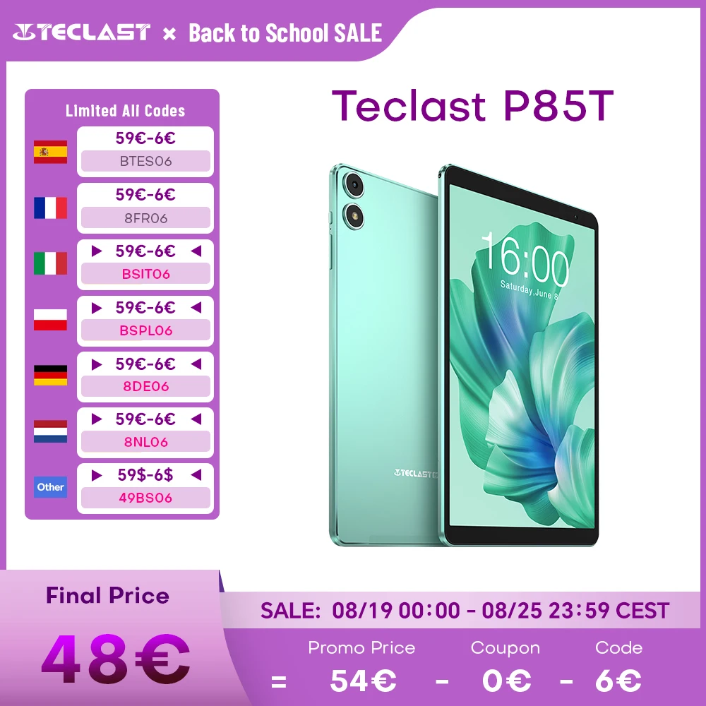 Teclast P85T 8 Inch Tablet Android 14 (4+6)10GB RAM 64GB ROM 1280X800 IPS Allwinner A523 Octa Core Dual Cameras Type-C