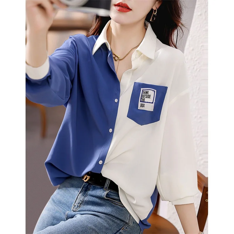 Woman Spring Autumn Style Blouses Shirts Lady Casual Long Sleeve Turn-down Collar Patchwork Printed Blusas Tops DF4852