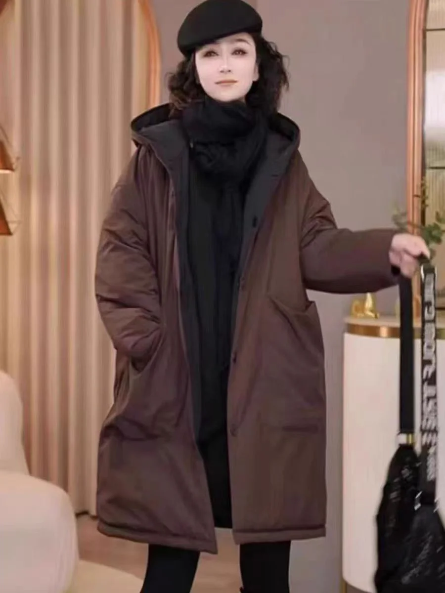 

Winter Thiened Cotton Jaet Hooded Casual Large ket Warm High-End Sli Mid-Length Cotton Padded Coat for Women