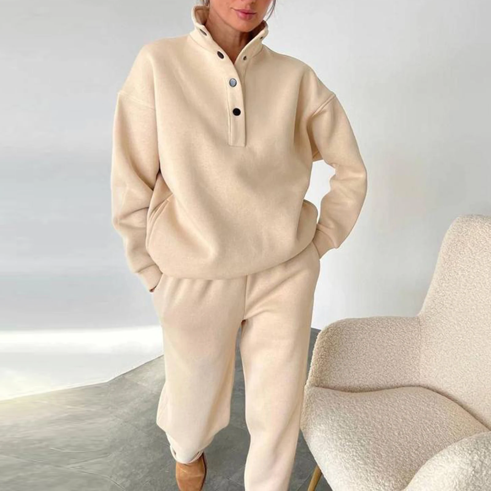 Women Stand Collar Sweatshirt Sweatpants 2 Piece Sweatsuit  Long Sleeve Top Trouser Outfits Solid Color Pullover Pants Tracksuit