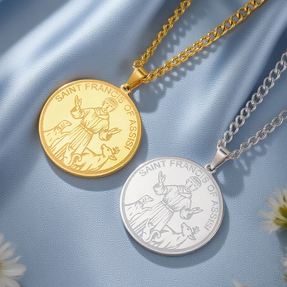 داوابارا سانت فرانسيس من أسيسي قلادة مستديرة ميدالية دينية قلادة حماية تعويذة مجوهرات من صلب لا يصدأ #2