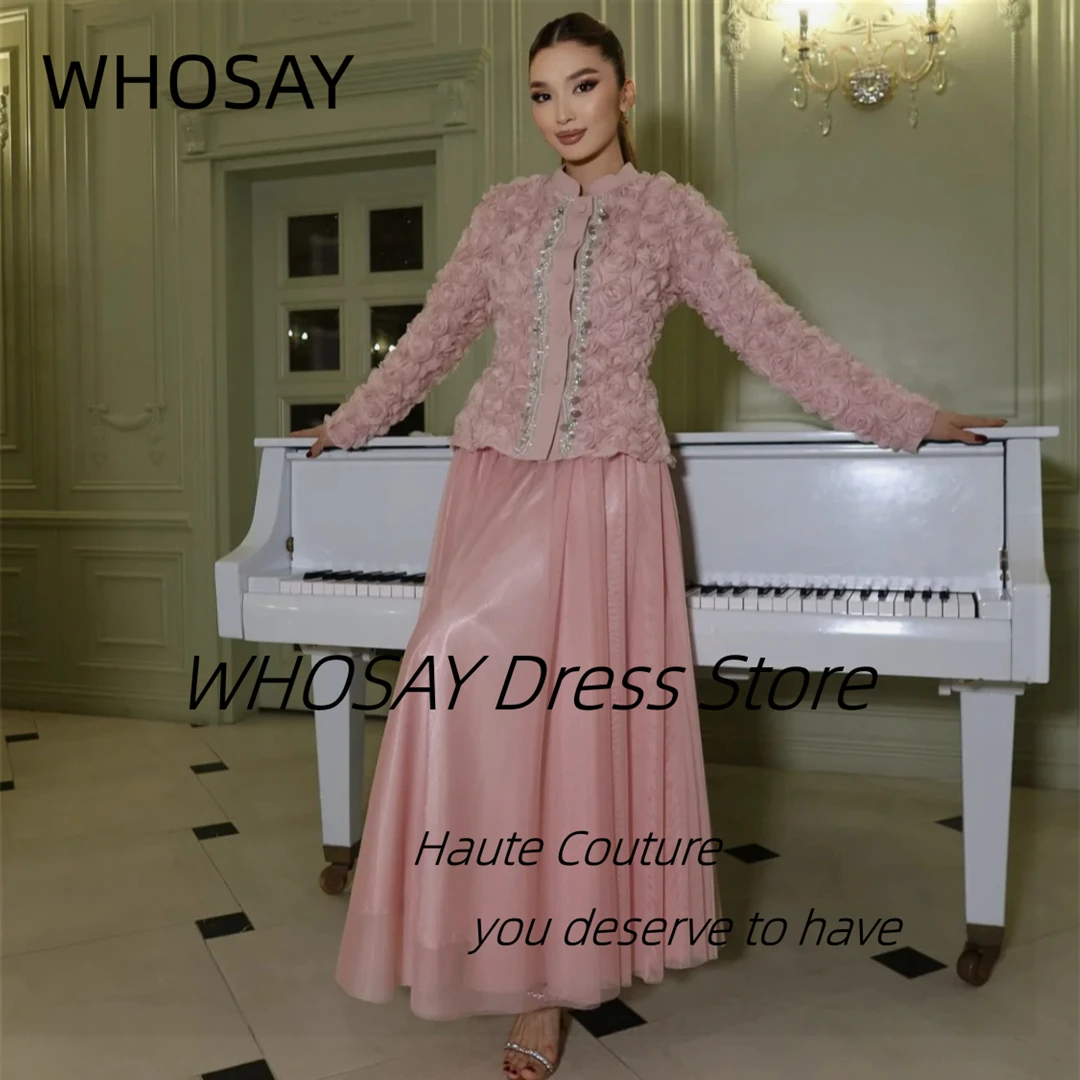 

WHOSAY Индивидуальные вечерние платья из двух частей Саудовские женщины носят длинные рукава с цветами Верхнее платье для выпускного вечера Мягкий тюль A Line Vestidos Des