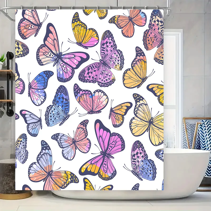 

Beautiful Butterfly Pattern Shower Curtain Purple Pink Yellow Blue Flowers Decorative Bathroom Fabric Waterproof TPU Membrane Wa