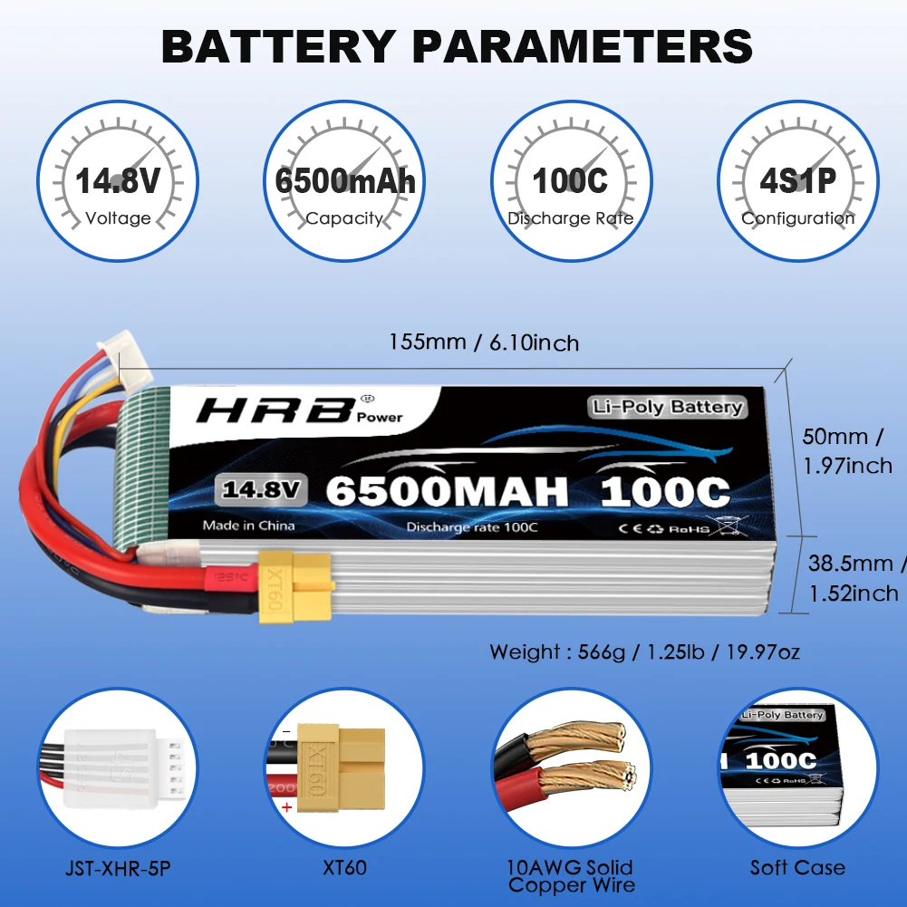 HRB 4S 14.8 فولت 6500 مللي أمبير RC يبو بطارية مع XT60 موصل 100C ل 1/10 1/12 RC سيارة شاحنة الوحش RC الطائرة بدون طيار FPV طائرة RC قارب