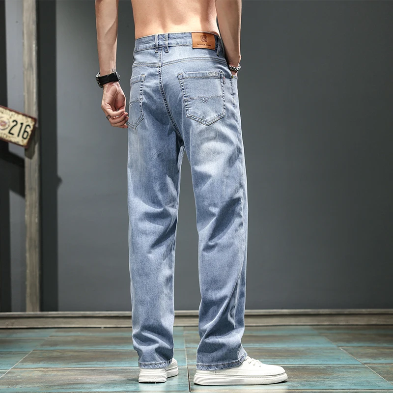 Casual Men's Cotton Jeans Youth Hip Hop Streetwear Straight Leg Denim Pants High Quality Slim Fit Stretch Button-Fly Trousers